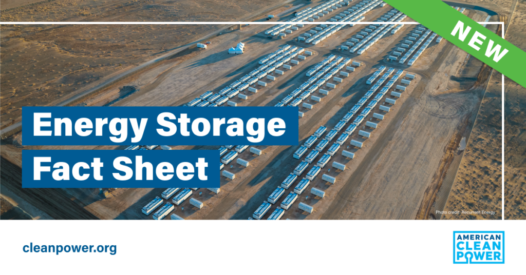 The cover image for ŷɫƬ's Energy Storage Fact Sheet, portraying a large field full of clean energy storage.